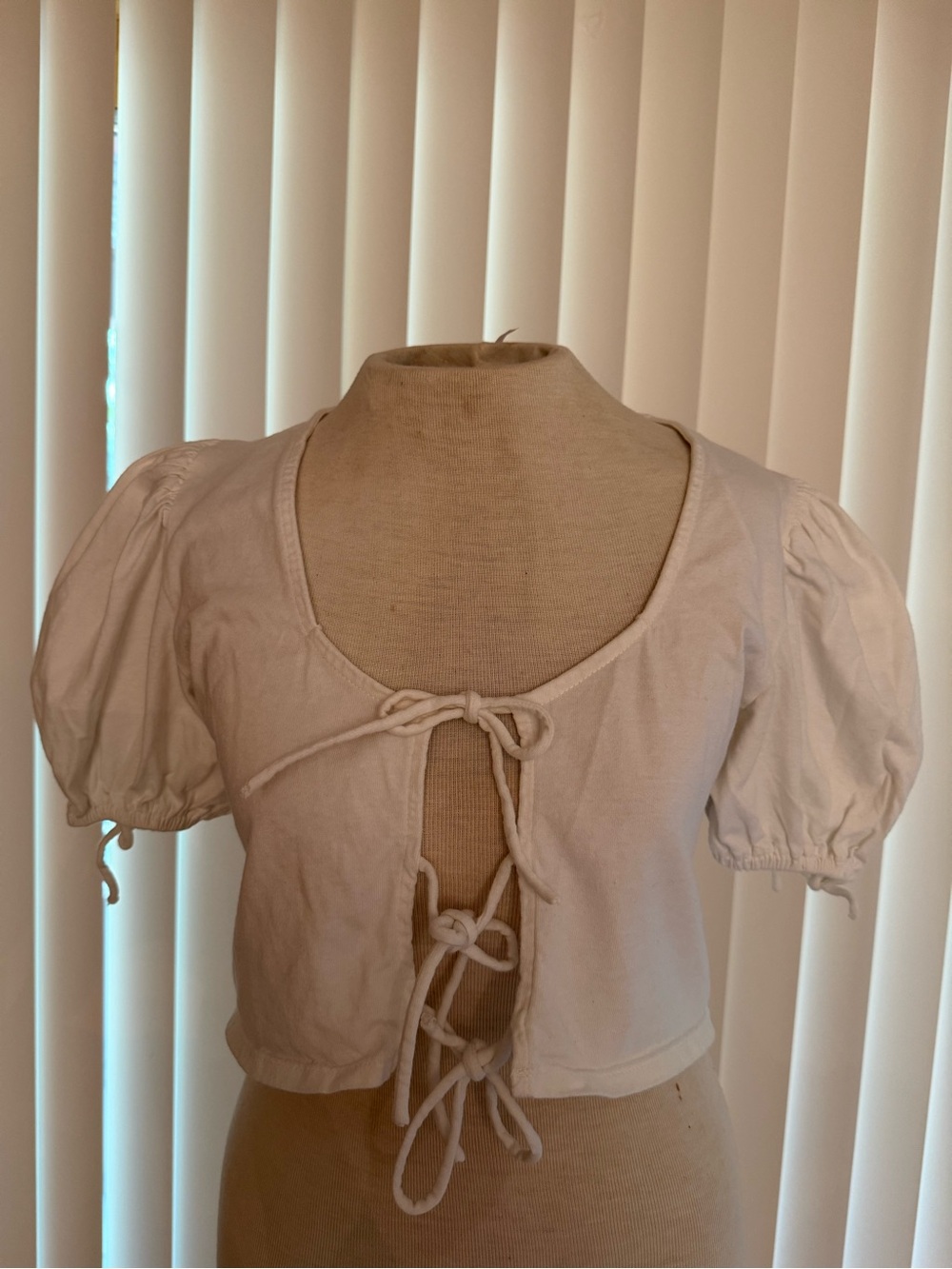 Free People White Puff Sleeve Tie Front Crop Top Cotton Size S